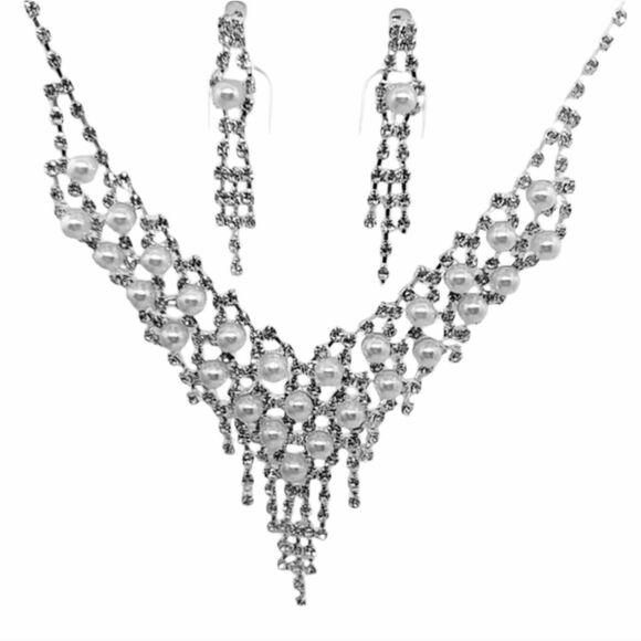 Fancy Rhinestone Pearl Jewelry Set Dangle Earrings Classic Wedding Bridal Bride - Picture 3 of 11